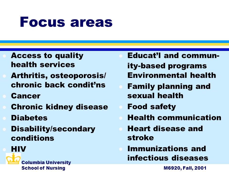 Columbia University School of NursingM6920, Fall, 2001 Focus areas l Access to quality health services l Arthritis, osteoporosis/ chronic back condit’ns l Cancer l Chronic kidney disease l Diabetes l Disability/secondary conditions l HIV l Educat’l and commun- ity-based programs Environmental health l Family planning and sexual health l Food safety l Health communication l Heart disease and stroke l Immunizations and infectious diseases