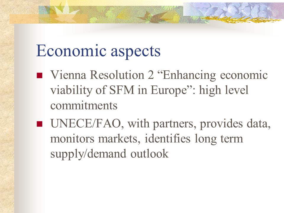 Economic aspects Vienna Resolution 2 Enhancing economic viability of SFM in Europe : high level commitments UNECE/FAO, with partners, provides data, monitors markets, identifies long term supply/demand outlook