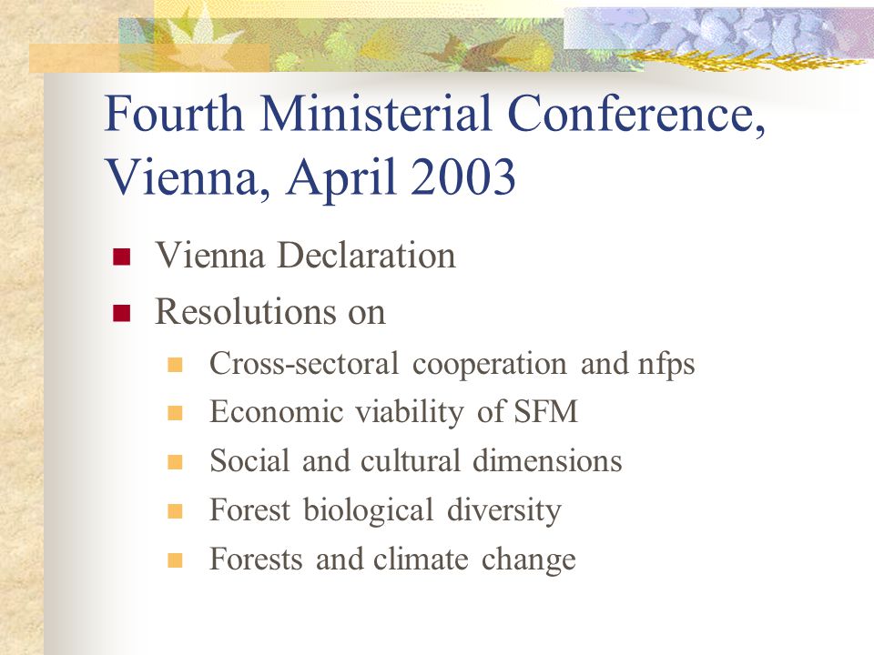 Fourth Ministerial Conference, Vienna, April 2003 Vienna Declaration Resolutions on Cross-sectoral cooperation and nfps Economic viability of SFM Social and cultural dimensions Forest biological diversity Forests and climate change