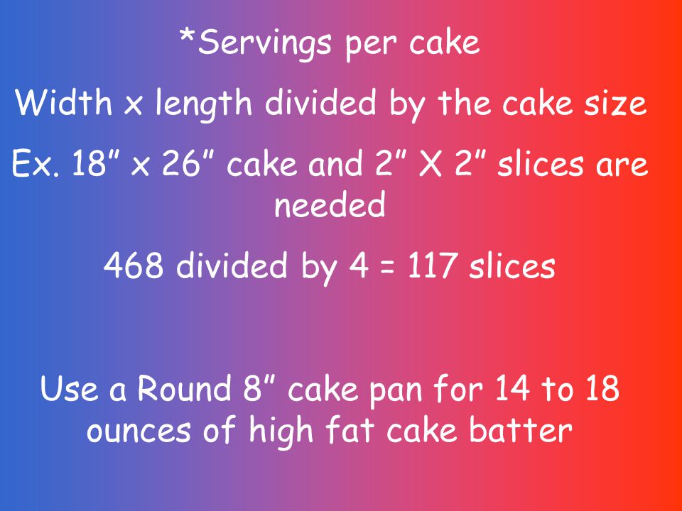 *Servings per cake Width x length divided by the cake size Ex.