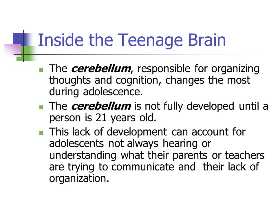 Inside the Teenage Brain The cerebellum, responsible for organizing thoughts and cognition, changes the most during adolescence.