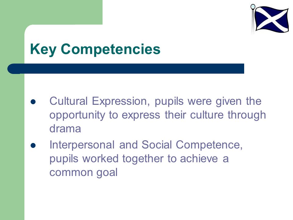 Key Competencies Cultural Expression, pupils were given the opportunity to express their culture through drama Interpersonal and Social Competence, pupils worked together to achieve a common goal