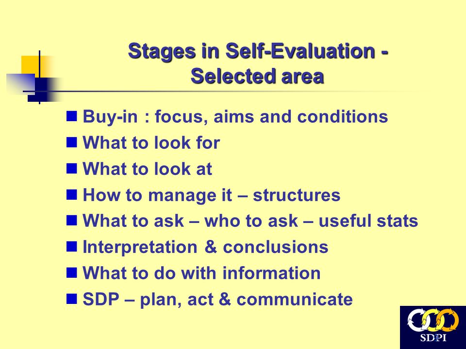9 Stages in Self-Evaluation - Selected area Buy-in : focus, aims and conditions What to look for What to look at How to manage it – structures What to ask – who to ask – useful stats Interpretation & conclusions What to do with information SDP – plan, act & communicate