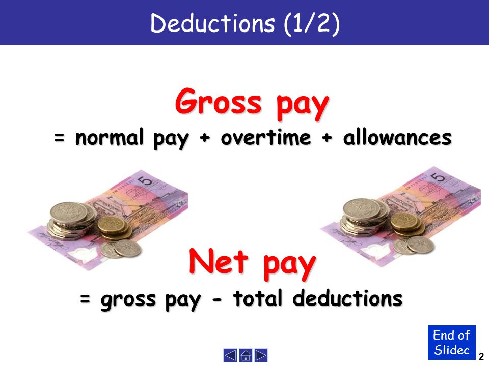 2 Deductions (1/2) Gross pay = normal pay + overtime + allowances = gross pay - total deductions Net pay End of Slidec