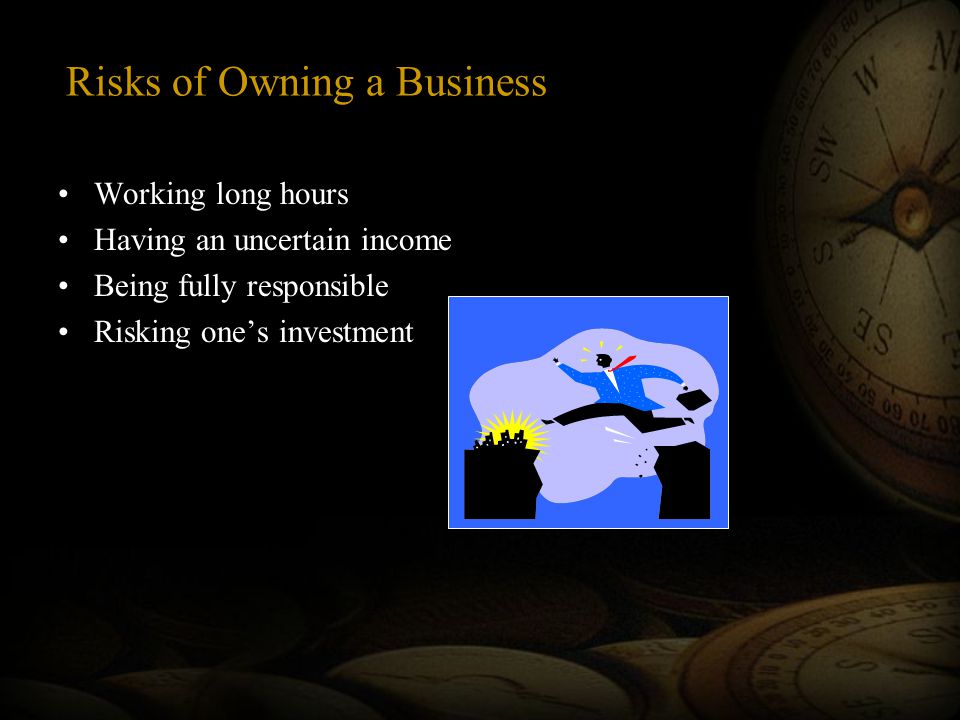 Risks of Owning a Business Working long hours Having an uncertain income Being fully responsible Risking one’s investment