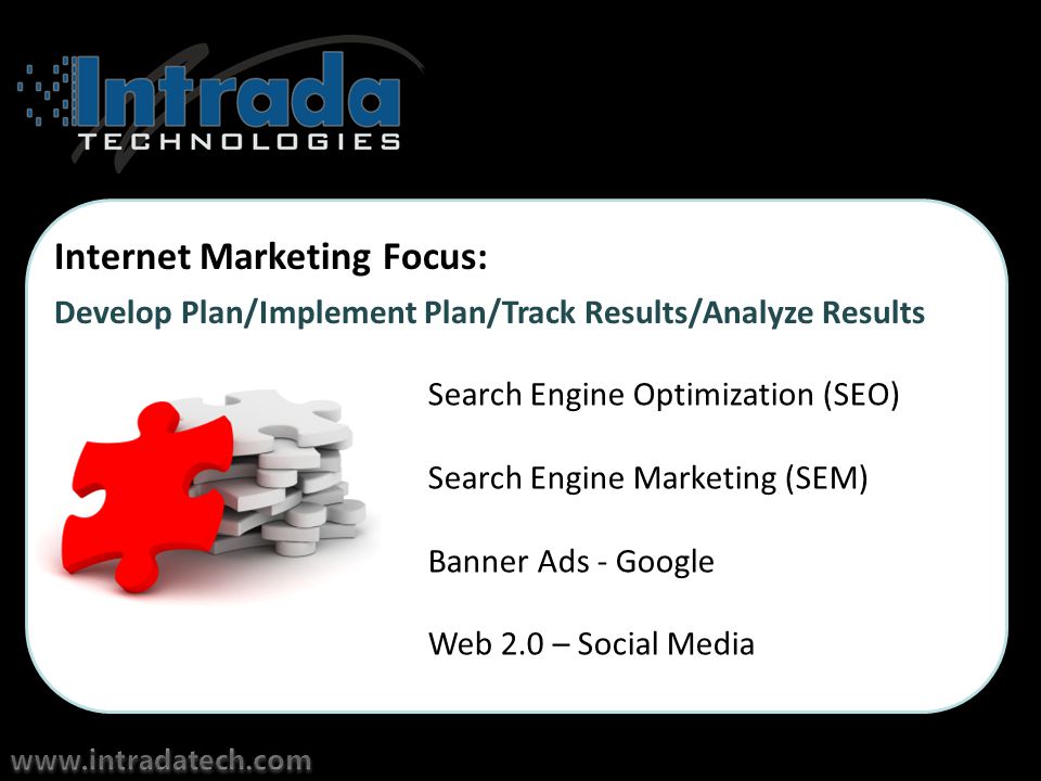 Internet Marketing Focus: Search Engine Optimization (SEO) Search Engine Marketing (SEM) Banner Ads - Google Web 2.0 – Social Media Develop Plan/Implement Plan/Track Results/Analyze Results