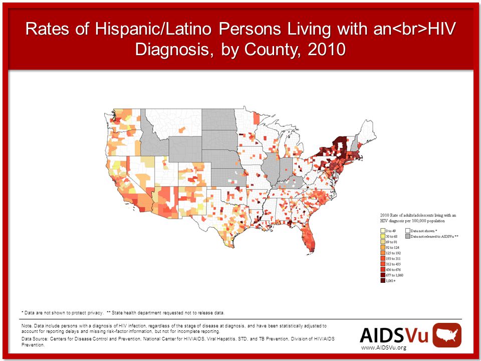 Rates of Hispanic/Latino Persons Living with an HIV Diagnosis, by County, 2010 Note.