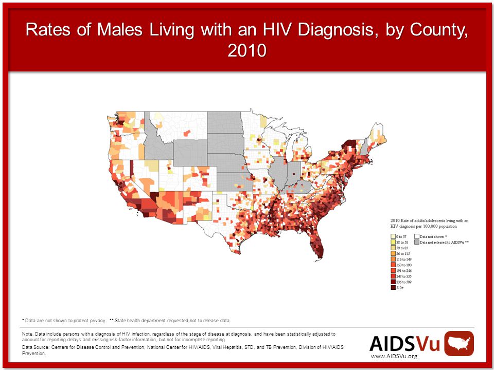 Rates of Males Living with an HIV Diagnosis, by County, 2010 Note.