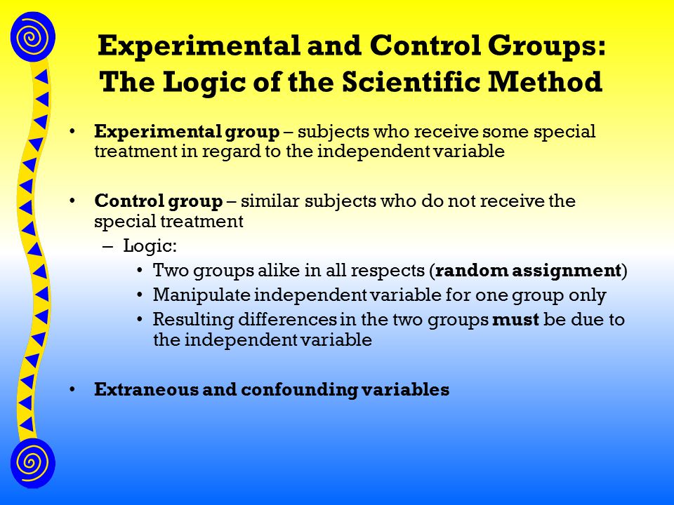 Experimental and Control Groups: The Logic of the Scientific Method Experimental group – subjects who receive some special treatment in regard to the independent variable Control group – similar subjects who do not receive the special treatment – Logic: Two groups alike in all respects (random assignment) Manipulate independent variable for one group only Resulting differences in the two groups must be due to the independent variable Extraneous and confounding variables