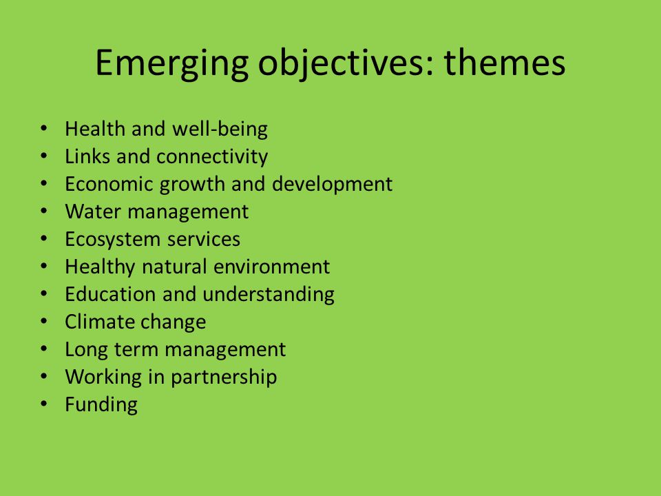 Emerging objectives: themes Health and well-being Links and connectivity Economic growth and development Water management Ecosystem services Healthy natural environment Education and understanding Climate change Long term management Working in partnership Funding