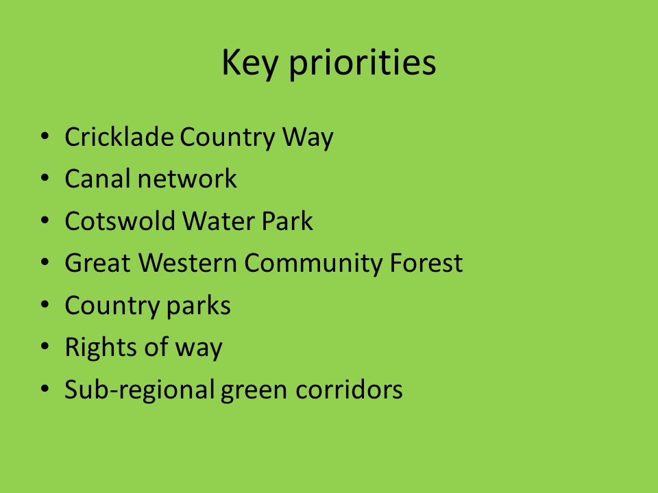 Key priorities Cricklade Country Way Canal network Cotswold Water Park Great Western Community Forest Country parks Rights of way Sub-regional green corridors
