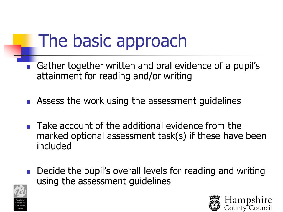 The basic approach Gather together written and oral evidence of a pupil’s attainment for reading and/or writing Assess the work using the assessment guidelines Take account of the additional evidence from the marked optional assessment task(s) if these have been included Decide the pupil’s overall levels for reading and writing using the assessment guidelines
