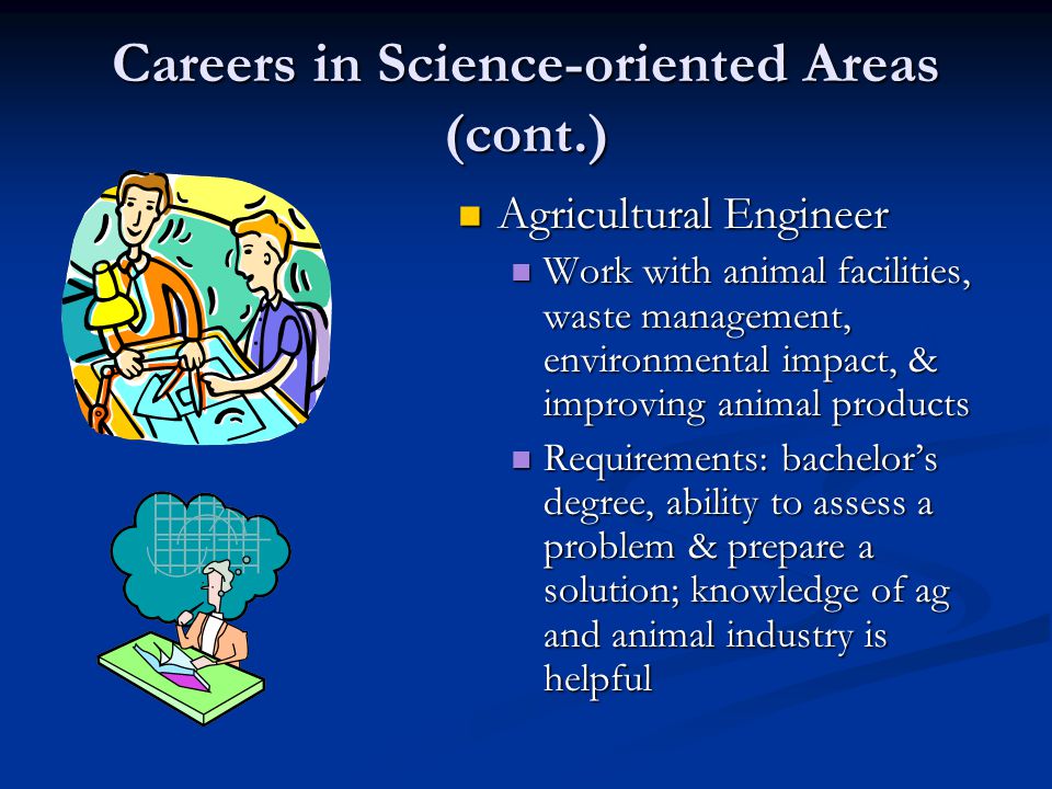 Careers in Science-oriented Areas (cont.) Agricultural Engineer Agricultural Engineer Work with animal facilities, waste management, environmental impact, & improving animal products Work with animal facilities, waste management, environmental impact, & improving animal products Requirements: bachelor’s degree, ability to assess a problem & prepare a solution; knowledge of ag and animal industry is helpful Requirements: bachelor’s degree, ability to assess a problem & prepare a solution; knowledge of ag and animal industry is helpful