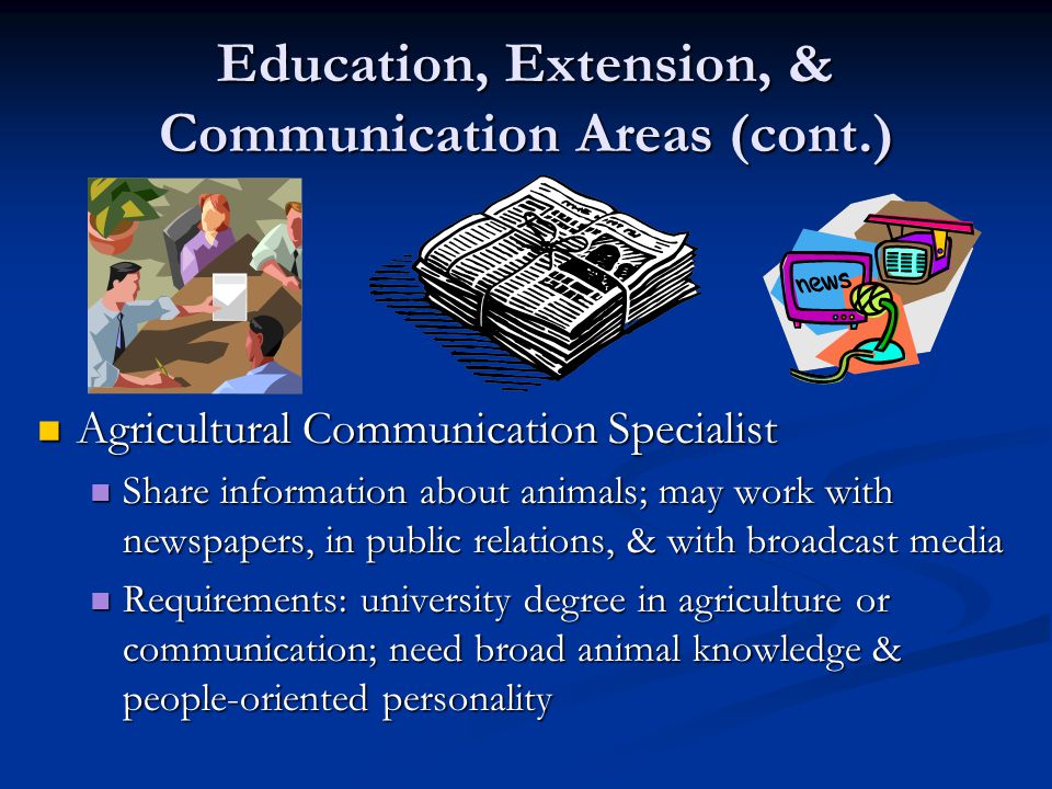 Education, Extension, & Communication Areas (cont.) Agricultural Communication Specialist Agricultural Communication Specialist Share information about animals; may work with newspapers, in public relations, & with broadcast media Share information about animals; may work with newspapers, in public relations, & with broadcast media Requirements: university degree in agriculture or communication; need broad animal knowledge & people-oriented personality Requirements: university degree in agriculture or communication; need broad animal knowledge & people-oriented personality