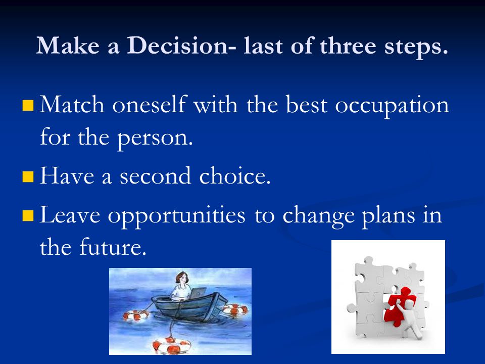 Make a Decision- last of three steps. Match oneself with the best occupation for the person.