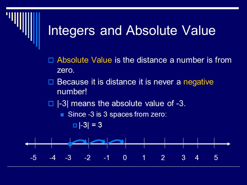 Integers and Absolute Value  Absolute Value is the distance a number is from zero.