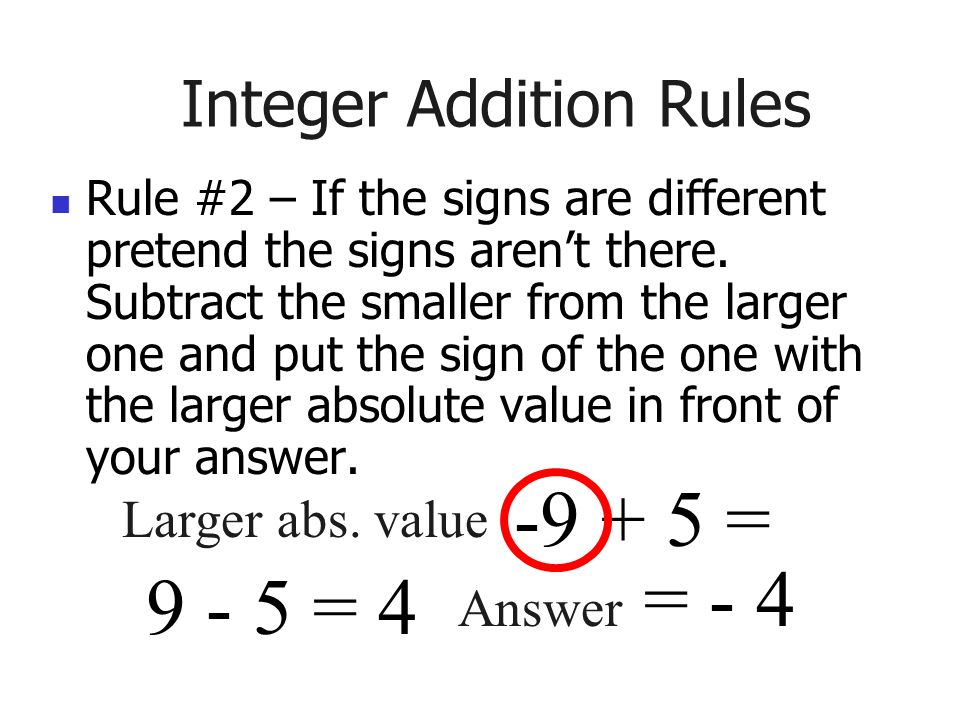 Integer Addition Rules Rule #2 – If the signs are different pretend the signs aren’t there.