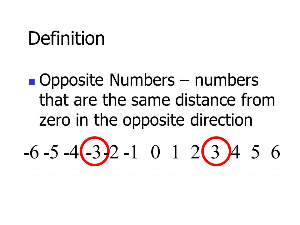 Definition Opposite Numbers – numbers that are the same distance from zero in the opposite direction