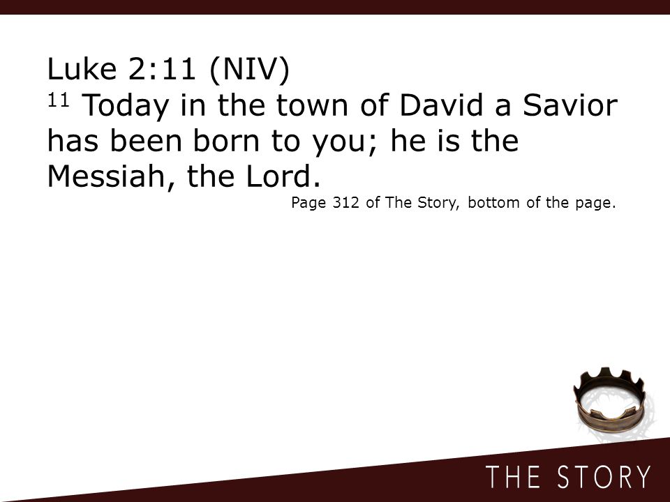 Luke 2:11 (NIV) 11 Today in the town of David a Savior has been born to you; he is the Messiah, the Lord.