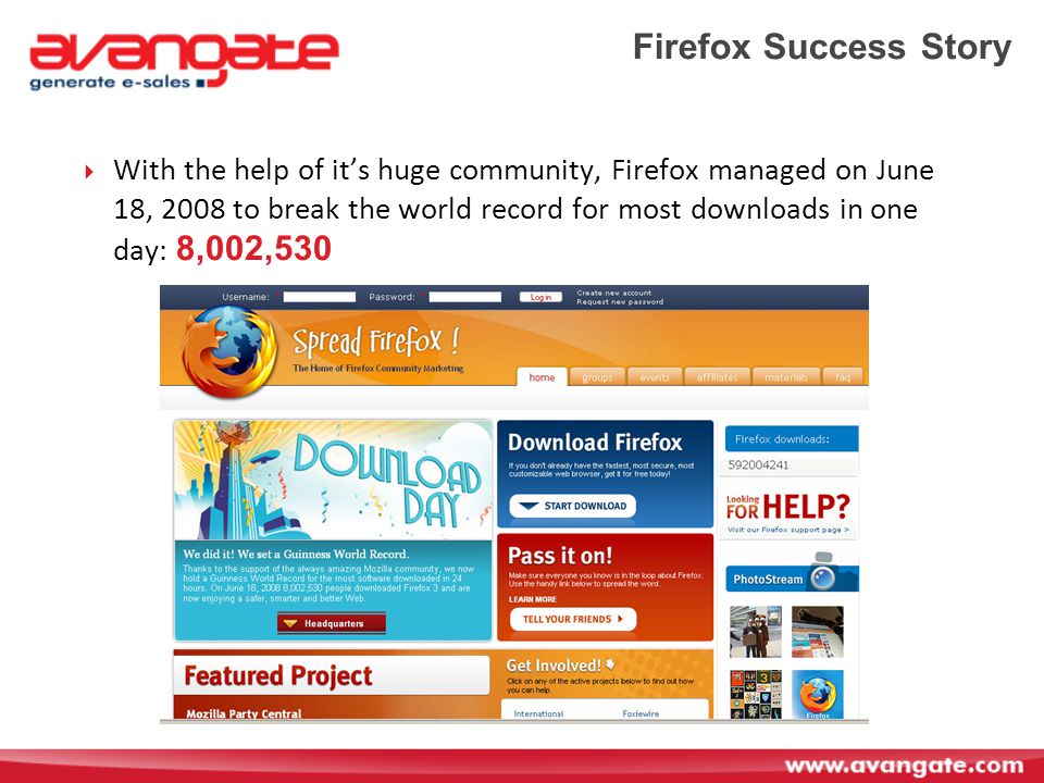 Firefox Success Story  With the help of it’s huge community, Firefox managed on June 18, 2008 to break the world record for most downloads in one day: 8,002,530