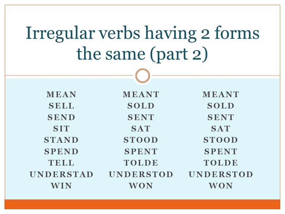 MEAN SELL SEND SIT STAND SPEND TELL UNDERSTAD WIN MEANT SOLD SENT SAT STOOD SPENT TOLDE UNDERSTOD WON MEANT SOLD SENT SAT STOOD SPENT TOLDE UNDERSTOD WON Irregular verbs having 2 forms the same (part 2)