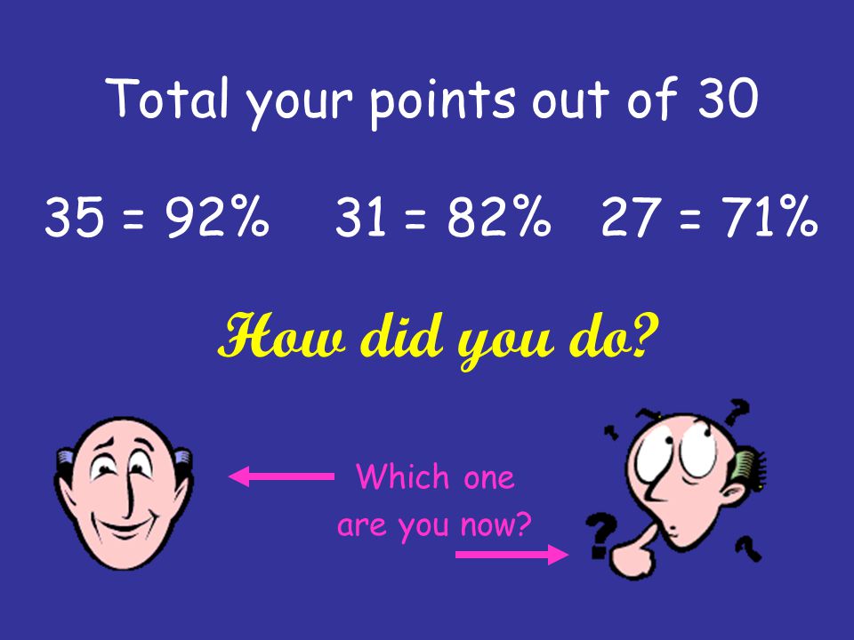 Total your points out of = 92% 31 = 82% 27 = 71% How did you do Which one are you now