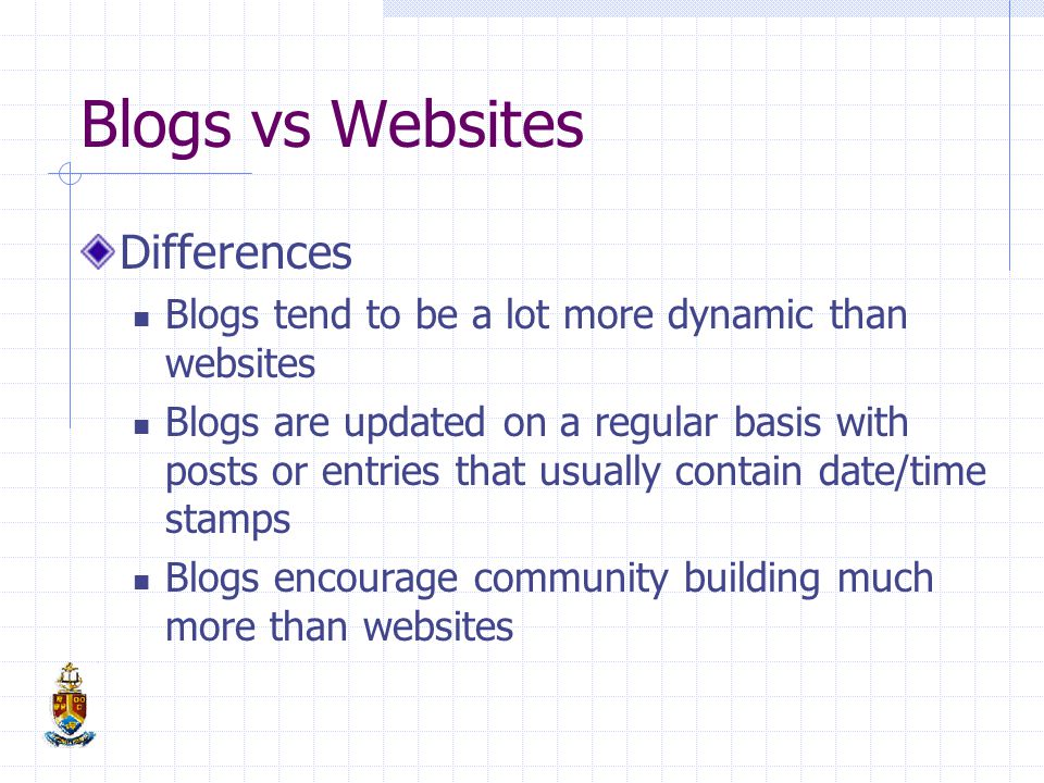 Blogs vs Websites Differences Blogs tend to be a lot more dynamic than websites Blogs are updated on a regular basis with posts or entries that usually contain date/time stamps Blogs encourage community building much more than websites