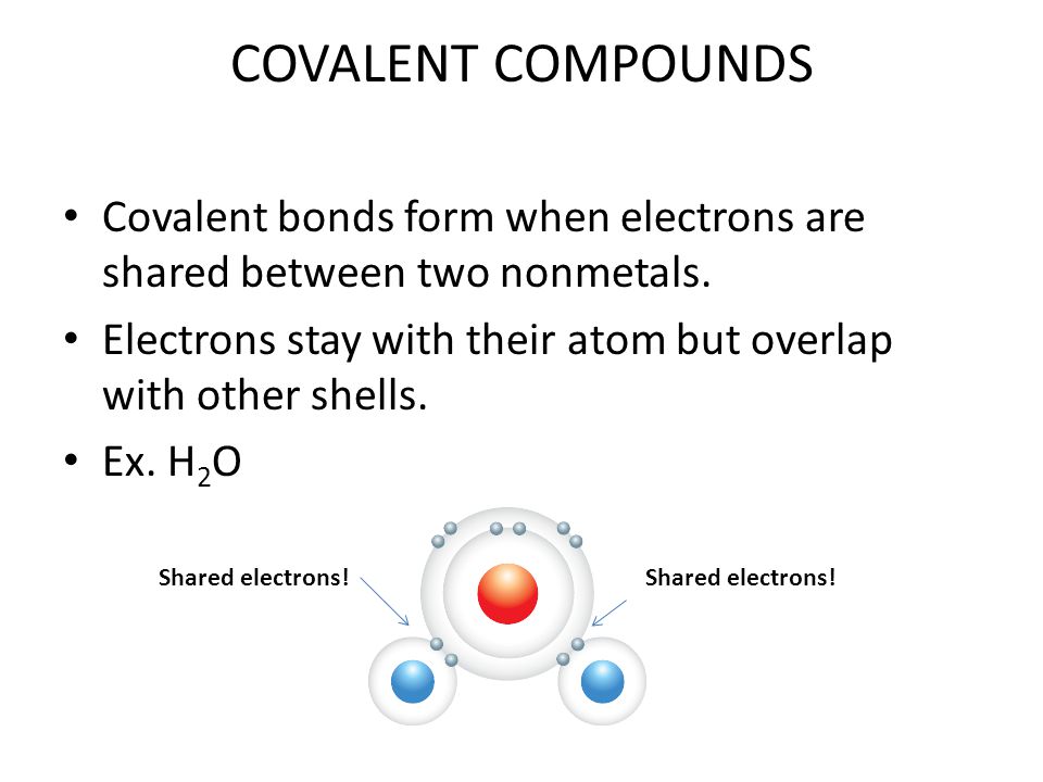 COVALENT COMPOUNDS Covalent bonds form when electrons are shared between two nonmetals.