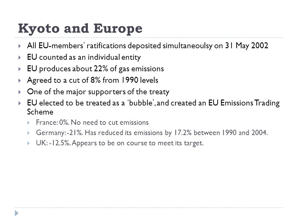 Kyoto and Europe  All EU-members’ ratifications deposited simultaneoulsy on 31 May 2002  EU counted as an individual entity  EU produces about 22% of gas emissions  Agreed to a cut of 8% from 1990 levels  One of the major supporters of the treaty  EU elected to be treated as a ‘bubble’, and created an EU Emissions Trading Scheme  France: 0%.