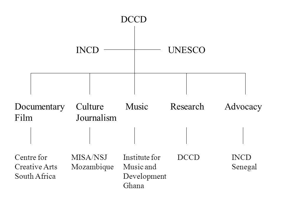 DCCD INCDUNESCO Documentary Film Culture Journalism MusicResearchAdvocacy Centre for Creative Arts South Africa MISA/NSJ Mozambique Institute for Music and Development Ghana DCCDINCD Senegal