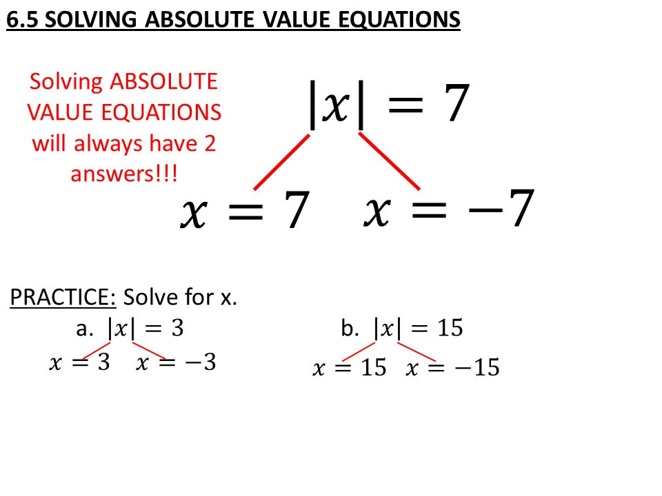 Solving ABSOLUTE VALUE EQUATIONS will always have 2 answers!!!