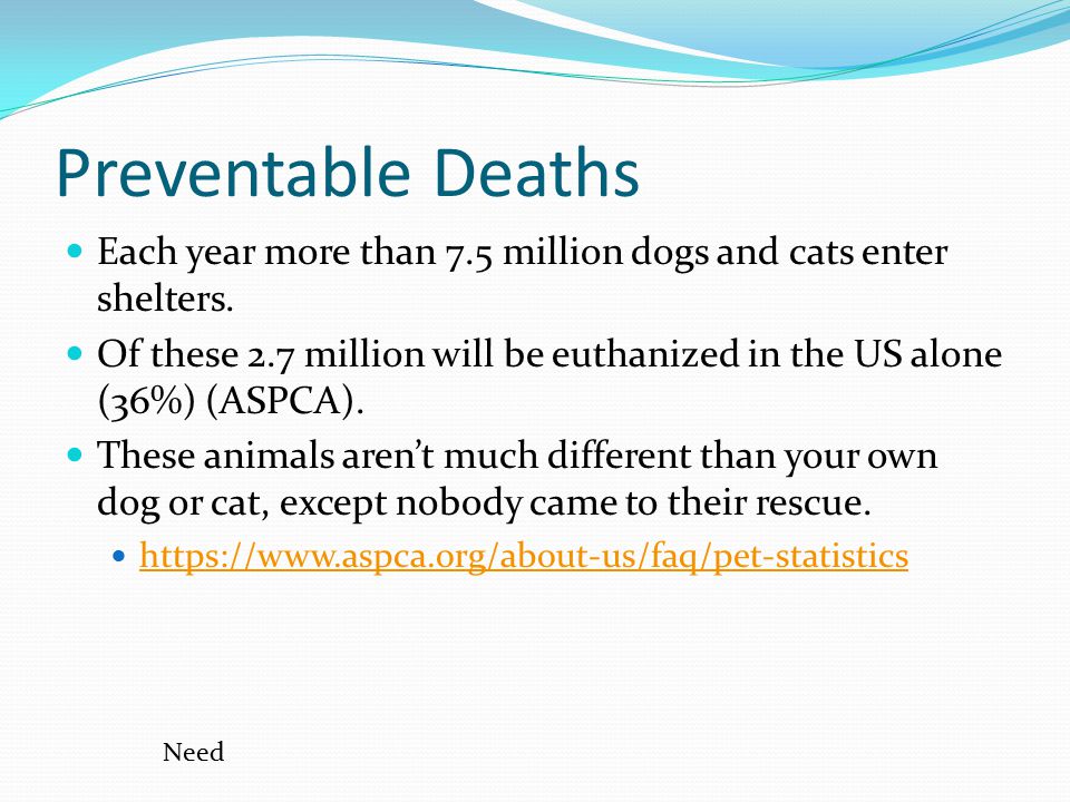 Preventable Deaths Each year more than 7.5 million dogs and cats enter shelters.