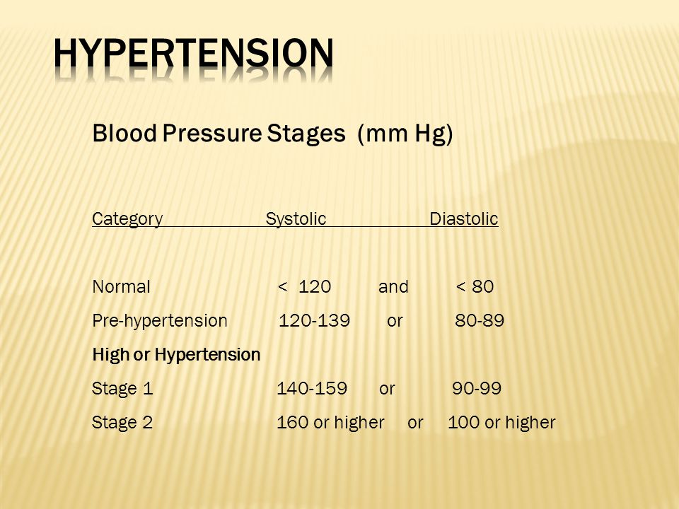 Blood Pressure Stages (mm Hg) Category Systolic Diastolic Normal < 120 and < 80 Pre-hypertension or High or Hypertension Stage or Stage or higher or 100 or higher