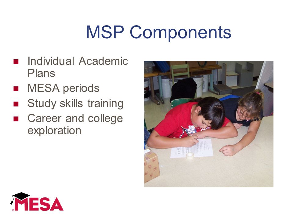 MSP Components Individual Academic Plans MESA periods Study skills training Career and college exploration