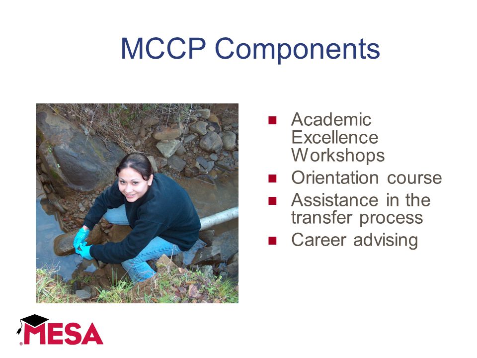 MCCP Components Academic Excellence Workshops Orientation course Assistance in the transfer process Career advising