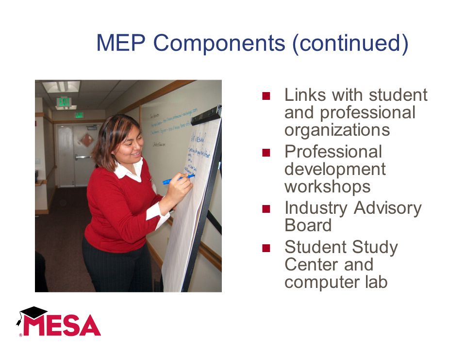 MEP Components (continued) Links with student and professional organizations Professional development workshops Industry Advisory Board Student Study Center and computer lab