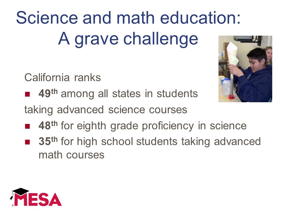 Science and math education: A grave challenge California ranks 49 th among all states in students taking advanced science courses 48 th for eighth grade proficiency in science 35 th for high school students taking advanced math courses
