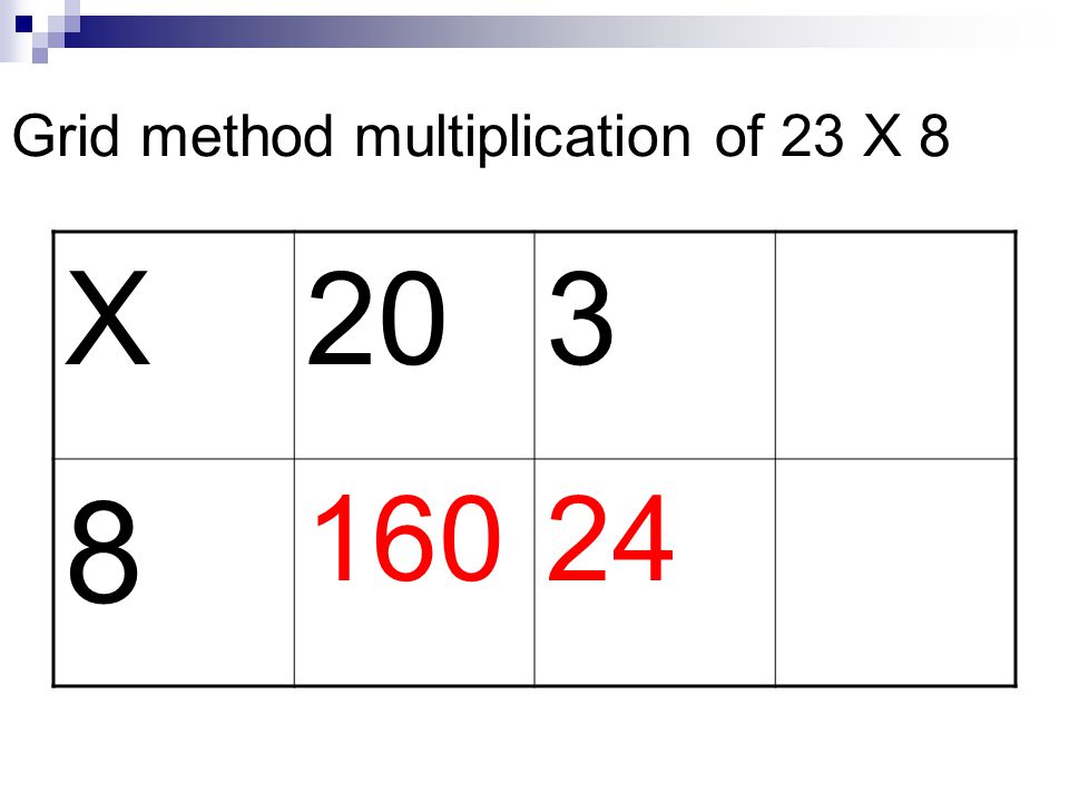 Grid method multiplication of 23 X 8 X