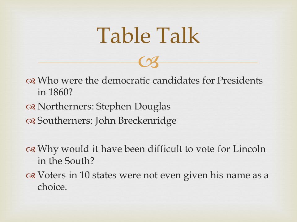   Who were the democratic candidates for Presidents in 1860.