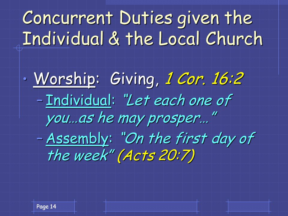 Page 14 Concurrent Duties given the Individual & the Local Church Worship: Giving, 1 Cor.