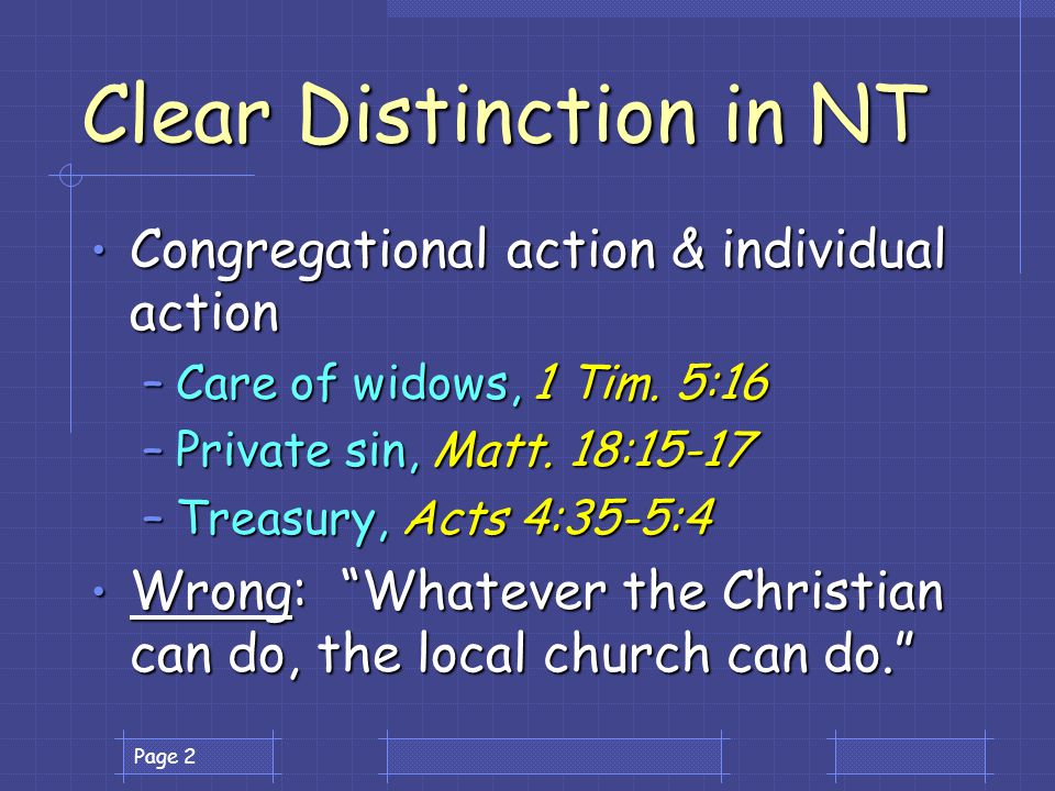 Page 2 Clear Distinction in NT Congregational action & individual action Congregational action & individual action –Care of widows, 1 Tim.
