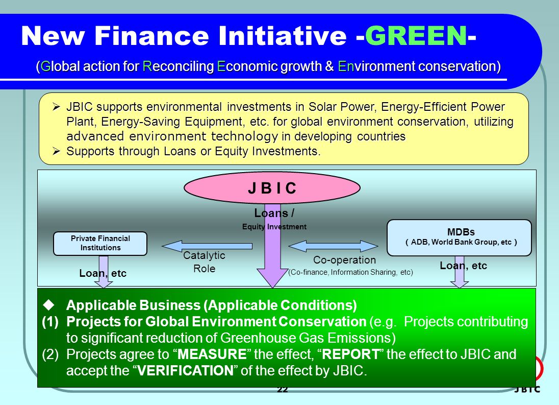 22 (Global action for Reconciling Economic growth & Environment conservation) New Finance Initiative -GREEN- (Global action for Reconciling Economic growth & Environment conservation)  JBIC supports environmental investments in Solar Power, Energy-Efficient Power Plant, Energy-Saving Equipment, etc.