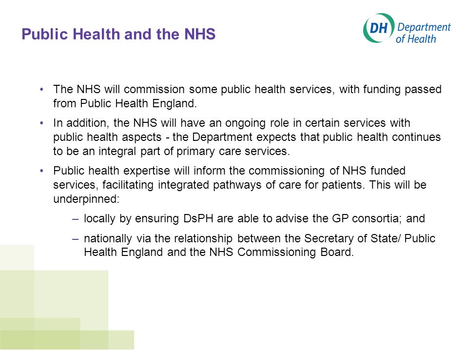 Public Health and the NHS The NHS will commission some public health services, with funding passed from Public Health England.