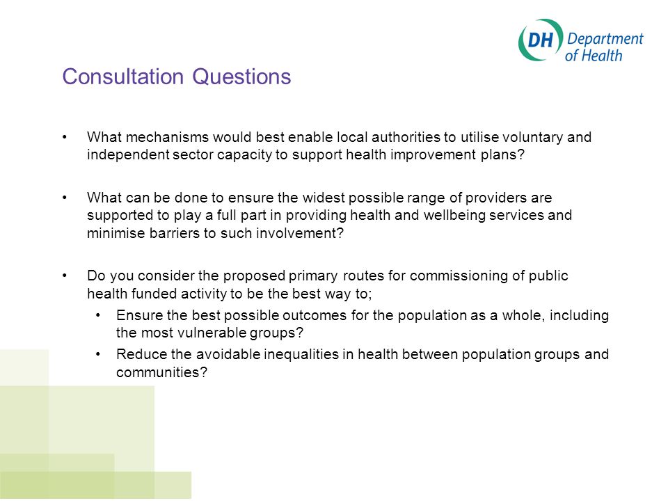 Consultation Questions What mechanisms would best enable local authorities to utilise voluntary and independent sector capacity to support health improvement plans.