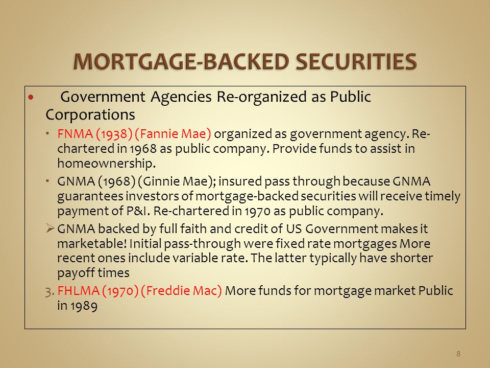Government Agencies Re-organized as Public Corporations  FNMA (1938) (Fannie Mae) organized as government agency.