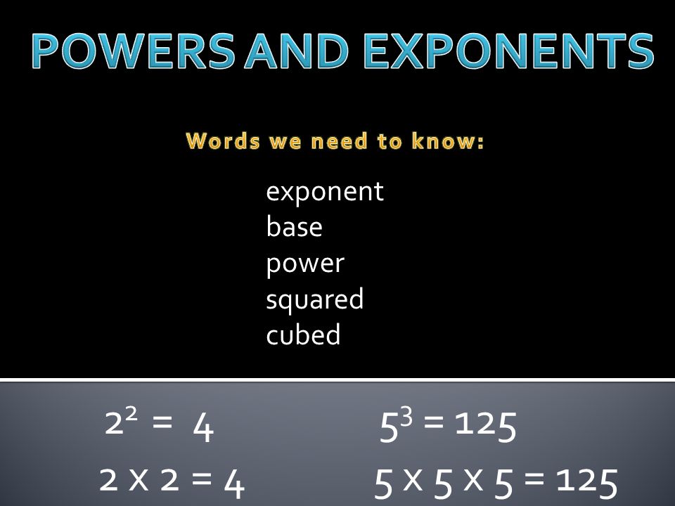 exponent base power squared cubed 2 2 = 4 2 x 2 = = x 5 x 5 = 125