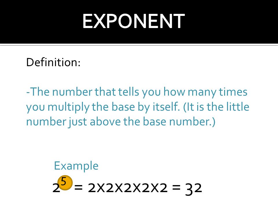 2 5 = 2x2x2x2x2 = 32 Definition: -The number that tells you how many times you multiply the base by itself.