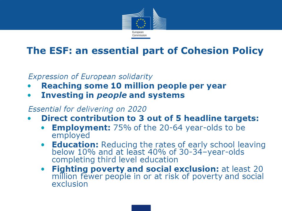 The ESF: an essential part of Cohesion Policy Expression of European solidarity Reaching some 10 million people per year Investing in people and systems Essential for delivering on 2020 Direct contribution to 3 out of 5 headline targets: Employment: 75% of the year-olds to be employed Education: Reducing the rates of early school leaving below 10% and at least 40% of 30-34–year-olds completing third level education Fighting poverty and social exclusion: at least 20 million fewer people in or at risk of poverty and social exclusion