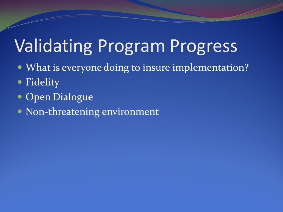 Validating Program Progress What is everyone doing to insure implementation.