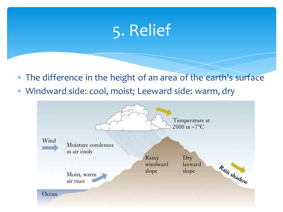  The difference in the height of an area of the earth’s surface  Windward side: cool, moist; Leeward side: warm, dry 5.